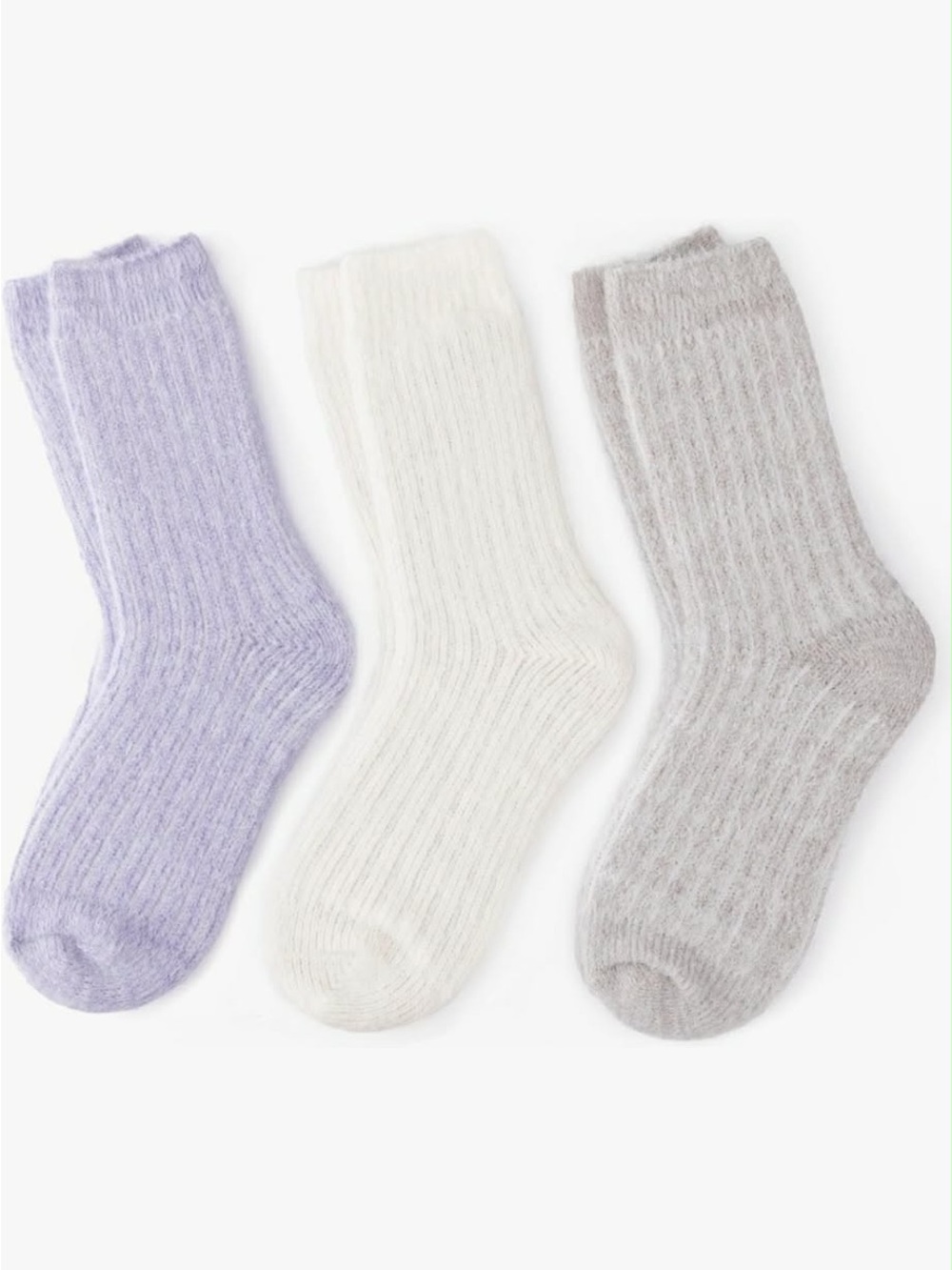 3-Pack Ribbed Cozy Knit Cotton Wool BlendCrew Socks in Lilac, Cream & Light Gray